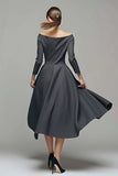 Dark Grey Bateau Neck A-Line Midi Dress with Pockets