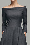 Dark Grey Bateau Neck A-Line Midi Dress with Pockets