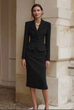 2 Piece Black Notched Lapel Pencil Single Breasted Work Dress