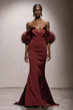 Burgundy Strapless Mermaid Maxi Gala Dress With Feathers