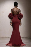 Burgundy Strapless Mermaid Maxi Gala Dress With Feathers