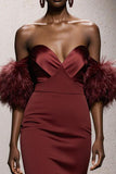 Burgundy Strapless Mermaid Maxi Gala Dress With Feathers