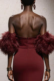 Burgundy Strapless Mermaid Maxi Gala Dress With Feathers