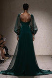 Dark Green A-Line Maxi Gala Dress With Puff Sleeves