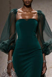 Dark Green A-Line Maxi Gala Dress With Puff Sleeves