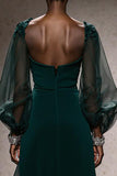 Dark Green A-Line Maxi Gala Dress With Puff Sleeves
