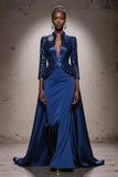Sparkly Royal Blue Maxi Gala Dress With 3/4 Sleeves