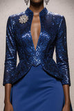 Sparkly Royal Blue Maxi Gala Dress With 3/4 Sleeves