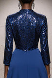 Sparkly Royal Blue Maxi Gala Dress With 3/4 Sleeves