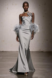 Silver Mermaid Satin Strapless Long Gala Dress