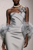 Silver Mermaid Satin Strapless Long Gala Dress