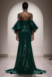 Sparkly Dark Green Strapless Mermaid Maxi Gala Dress With Puff Sleeves