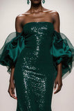 Sparkly Dark Green Strapless Mermaid Maxi Gala Dress With Puff Sleeves