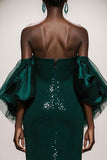 Sparkly Dark Green Strapless Mermaid Maxi Gala Dress With Puff Sleeves