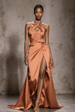 Halter Orange Beaded A-Line Satin Gala Dress With Slit