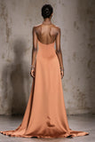 Halter Orange Beaded A-Line Satin Gala Dress With Slit