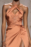 Halter Orange Beaded A-Line Satin Gala Dress With Slit