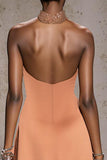 Halter Orange Beaded A-Line Satin Gala Dress With Slit