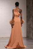 Orange One Shoulder A-Line Maxi Gala Dress With Feathers
