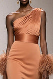 Orange One Shoulder A-Line Maxi Gala Dress With Feathers