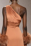 Orange One Shoulder A-Line Maxi Gala Dress With Feathers