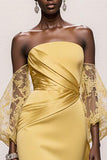 Daffodil Strapless Lace Gala Dress With Puff Sleeves