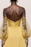 Daffodil Strapless Lace Gala Dress With Puff Sleeves