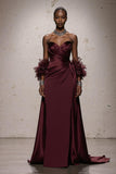 Burgundy A-Line Strapless Maxi Gala Dress (Without Feathers)