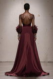 Burgundy A-Line Strapless Maxi Gala Dress (Without Feathers)