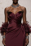 Burgundy A-Line Strapless Maxi Gala Dress (Without Feathers)