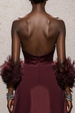 Burgundy A-Line Strapless Maxi Gala Dress (Without Feathers)