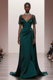Dark Green V-Neck A-Line Satin Gala Dress With Sash