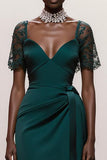 Dark Green V-Neck A-Line Satin Gala Dress With Sash