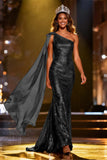 Sparkly Gold One Shoulder Mermaid Pageant Dress