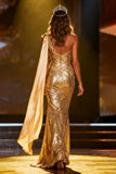 Sparkly Gold One Shoulder Mermaid Pageant Dress