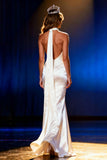 White Halter Mermaid Satin Pageant Dress with Neck Sash