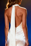 White Halter Mermaid Satin Pageant Dress with Neck Sash