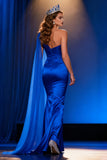 One Shoulder Royal Blue Satin Mermaid Pageant Dress