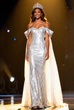 Off The Shoulder Mermaid Silver Pageant Dress With Sequins