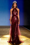 Burgundy Mermaid Halter Pageant Dress With Sequins