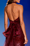 Burgundy Mermaid Halter Pageant Dress With Sequins