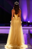 Yellow Mermaid Spaghetti Straps Maxi Pageant Dress with Overlay