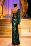 Sparkly Dark Green Sheath One Shoulder Pageant Dress With Slit