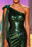 Sparkly Dark Green Sheath One Shoulder Pageant Dress With Slit