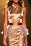 Champagne Mermaid Satin High Neck Maxi Pageant Dress