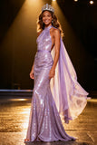 Light Purple Mermaid Sequin Halter Maxi Pageant Dress With Neck Sash