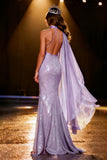 Light Purple Mermaid Sequin Halter Maxi Pageant Dress With Neck Sash