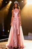 Sparkly Mermaid Halter Light Pink Pageant Dress with Sash