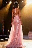 Sparkly Mermaid Halter Light Pink Pageant Dress with Sash