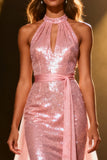 Sparkly Mermaid Halter Light Pink Pageant Dress with Sash